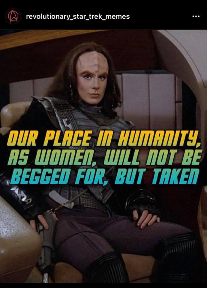 This meme features a still image from the Star Trek: The Next Generation episode "The Outcast," showing the character Lieutenant Worf in a Klingon warrior's uniform. The text overlayed on the image reads, "Our place in the universe is a fragile thing, and a single careless act of violence can destroy it."